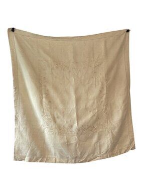 Vintage Hand Embroidered Cream Linen Tablecloth Floral Leaf Square 48 x 48